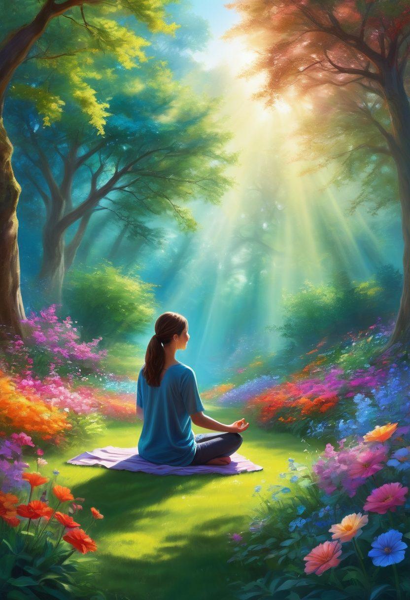 A serene, tranquil scene depicting a person meditating in a vibrant, lush garden filled with colorful flowers representing joy and contentment. On one side, bright, swirling colors symbolize ecstasy, transitioning smoothly into soothing blues and greens illustrating peacefulness. The background features soft sunlight filtering through trees, creating an inviting atmosphere of well-being and harmony. digital painting. vibrant colors. peaceful ambiance.