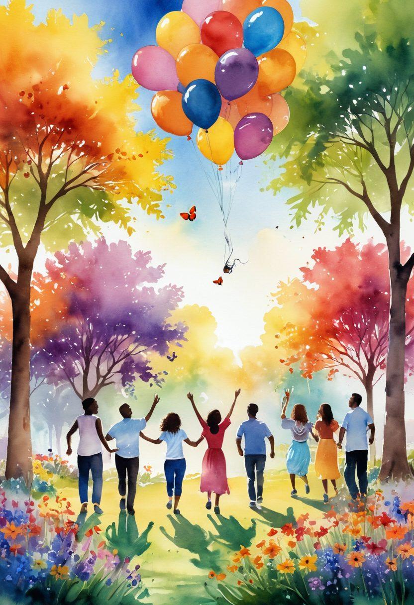 An inspiring and sunny landscape depicting a vibrant community gathering, people of diverse backgrounds sharing laughter, engaged in joyful activities, surrounded by colorful flowers and trees, a glowing sun casting warm light. The scene embodies positivity and energy, with subtle symbols of joy like balloons and butterflies. watercolor painting. vibrant colors.