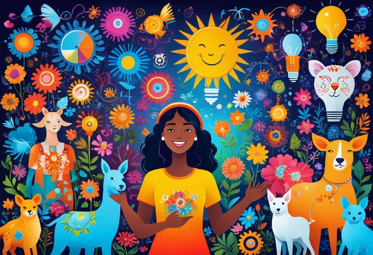 A vibrant and uplifting scene featuring diverse people joyfully engaging with innovative technologies, surrounded by symbols of happiness like sunshine, blooming flowers, and playful animals. Emphasize a sense of community and progress, with bright colors radiating positivity. Include elements like lightbulbs and gears to represent innovation. The overall atmosphere should convey bliss and excitement. digital painting. vibrant colors. warm tones.